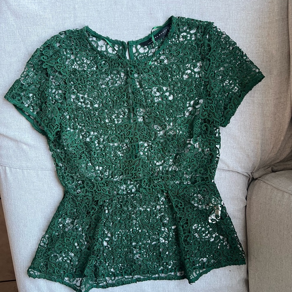 ZARA Emerald Green Crochet/Lace Peplum Top Size S